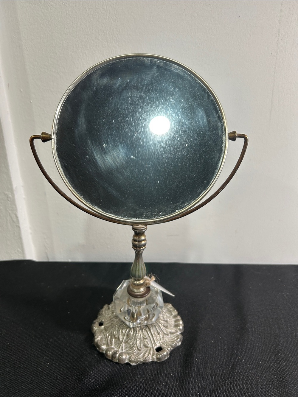 Antique-Style Silver Tabletop Vanity Mirror with Clear Crystal Accent 11”